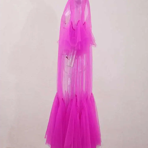 Load image into Gallery viewer, Women Purple Ruffles Mesh Perspective Big Size Long Dress New Round Neck Half Sleeve Fashion Spring Summer 2025 JR7711
