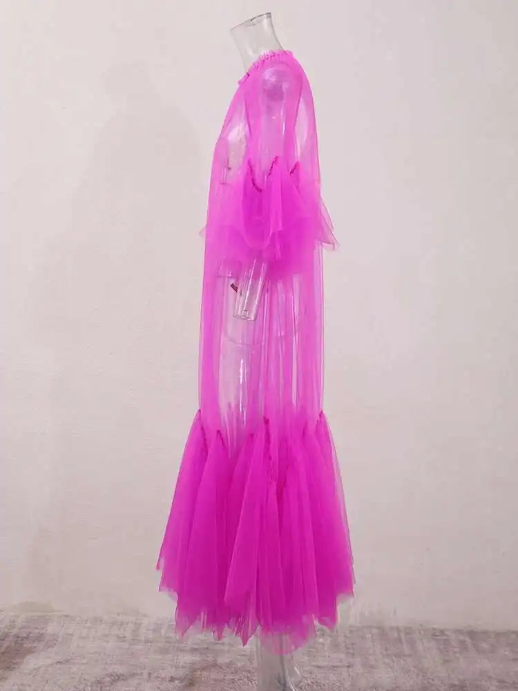 Women Purple Ruffles Mesh Perspective Big Size Long Dress New Round Neck Half Sleeve Fashion Spring Summer 2025 JR7711