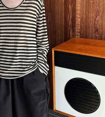 Women Apricot Striped Color-block Big Size Casual T-shirt New Round Neck Long Sleeve Fashion Spring Autumn 2025 1DH6803