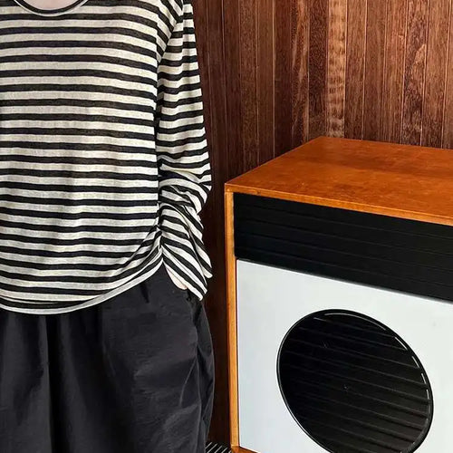 Load image into Gallery viewer, Women Apricot Striped Color-block Big Size Casual T-shirt New Round Neck Long Sleeve Fashion Spring Autumn 2025 1DH6803
