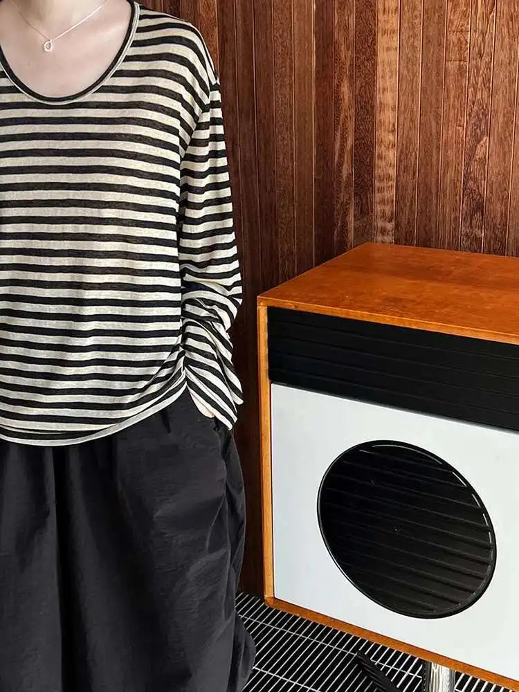 Women Apricot Striped Color-block Big Size Casual T-shirt New Round Neck Long Sleeve Fashion Spring Autumn 2025 1DH6803