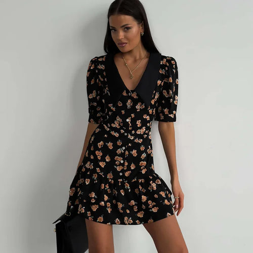 Load image into Gallery viewer, Short Sleeve Floral Mini Dress For Women Robe Turn-down Collar Elegant French Dress Ladies Fashion High Waist Dresses
