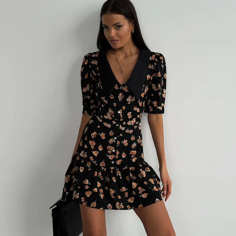 Short Sleeve Floral Mini Dress For Women Robe Turn-down Collar Elegant French Dress Ladies Fashion High Waist Dresses