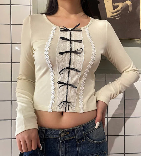 Y2K Coquette Bow Slim Autumn Tees for Women Clothing Cutecore Lace Trim Tops Korean Ruched Flowers T shirts Retro New
