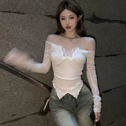 Load image into Gallery viewer, Y2k Aesthetic Patchwor Butterfly Women T-Shirt Vintage Harajuku Slim Fit Tshirts Knitted Long Sleeve Grunge Streetwear Crop Top
