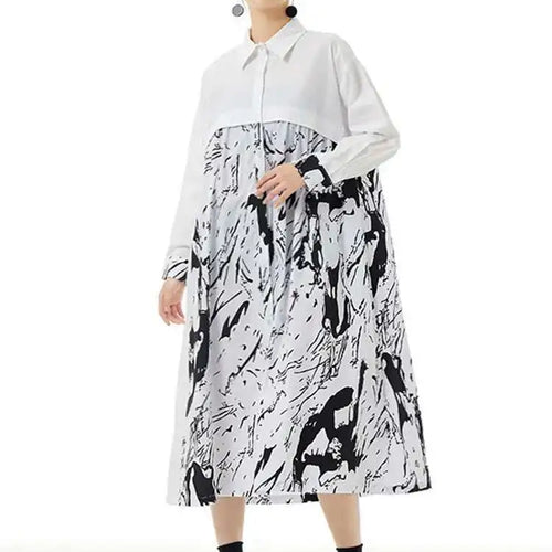 Load image into Gallery viewer, Women White Pattern Printed Big Size Casual Shirt Dress New Lapel Long Sleeve Fashion Tide Spring Autumn 2025 1DH4823
