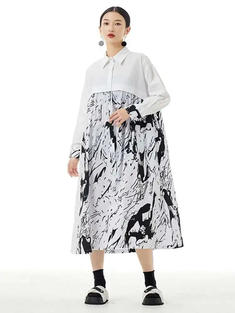 Women White Pattern Printed Big Size Casual Shirt Dress New Lapel Long Sleeve Fashion Tide Spring Autumn 2025 1DH4823