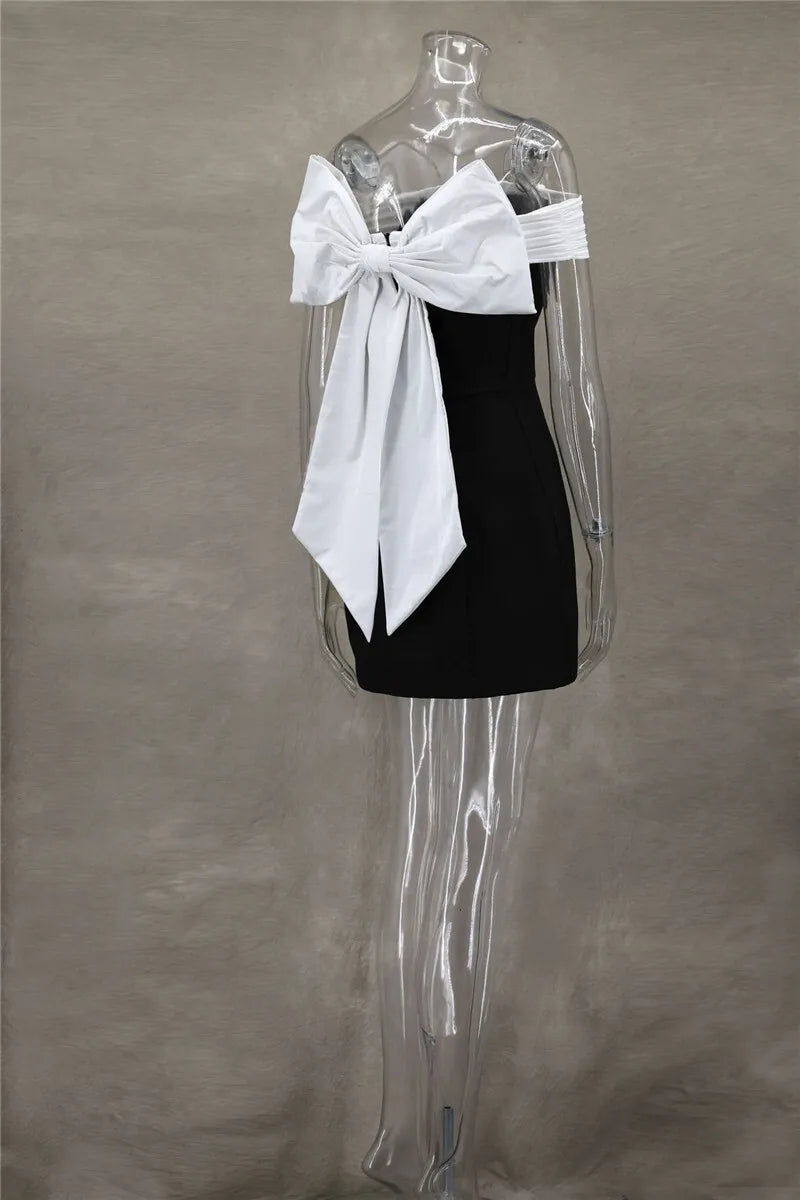 Bow Backless Sexy Mini Dress For Women Robe Elegant Off-shoulder Strapless Sleeveless A-line Club Sexy Dress Vestido