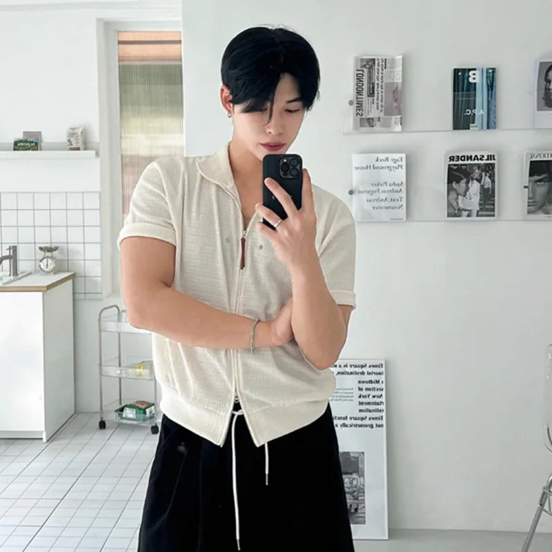 Men's Shirts Short Sleeve Shirt New Summer Loose Solid Color Design Korean Turn-down Collar Niche Trendy Male Top 9W1624