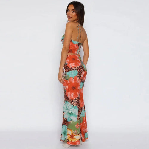 Load image into Gallery viewer, Leopard Print Sexy 2 Piece Sets Women Summer Fashion Lace-up Halter Crop Tops And Maxi Skirt Female Party Two Piece Set
