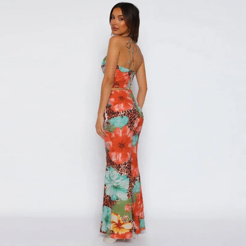 Leopard Print Sexy 2 Piece Sets Women Summer Fashion Lace-up Halter Crop Tops And Maxi Skirt Female Party Two Piece Set