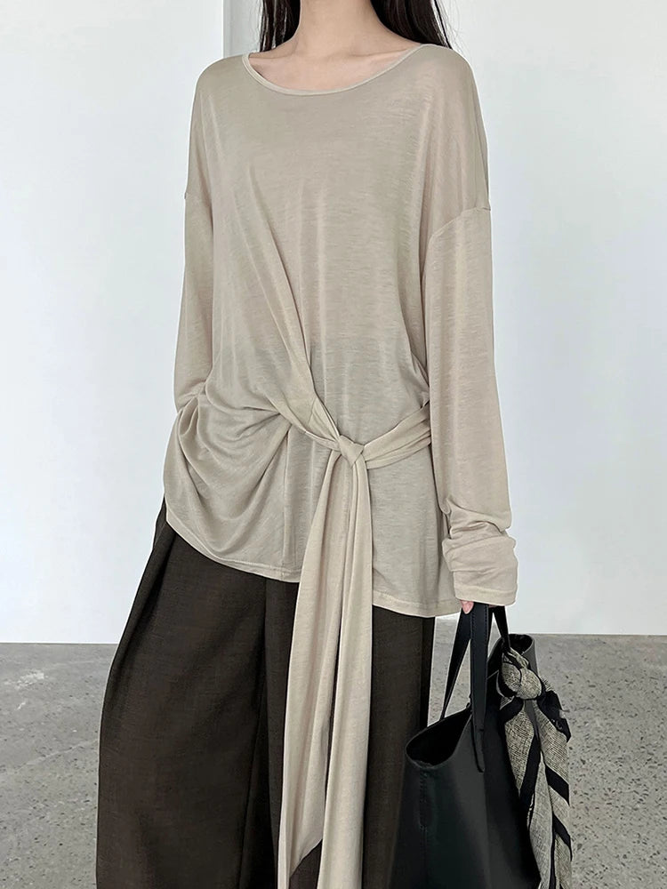 Women White Thin Bandge Perspective Big Size T-shirt New Round Neck Long Sleeve Fashion Tide Spring Autumn 2025 1DJ1303