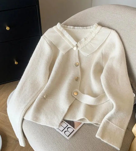 Women White Patchwork Cardigan Sweater Red Long Sleeve Ruffles Doll Collar Office Lady Knit Button Tops 2024 Spring Autumn Trend