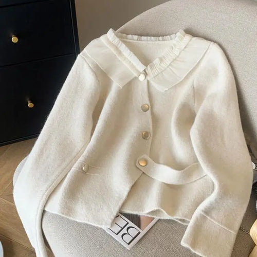 Load image into Gallery viewer, Women White Patchwork Cardigan Sweater Red Long Sleeve Ruffles Doll Collar Office Lady Knit Button Tops 2024 Spring Autumn Trend
