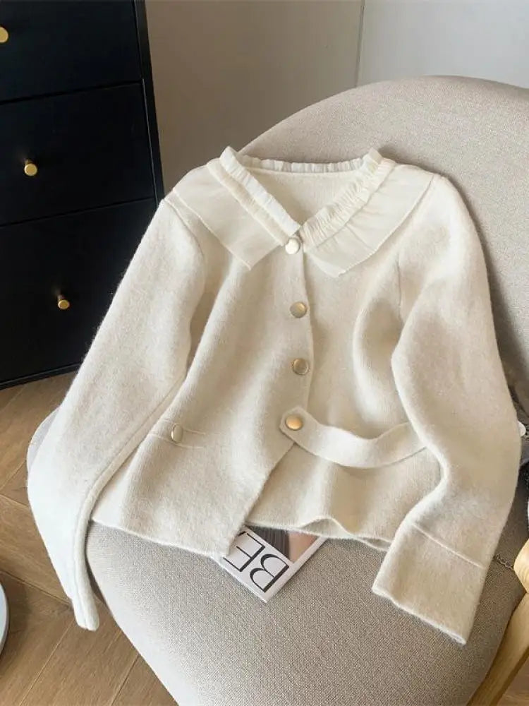 Women White Patchwork Cardigan Sweater Red Long Sleeve Ruffles Doll Collar Office Lady Knit Button Tops 2024 Spring Autumn Trend