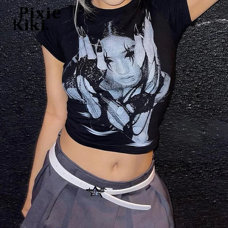 Black Graphic Tees Y2k Shirts 2000s Streetwear Emo Girl Clothes Short Sleeve Cropped Top Summer 2024 P84-BB16