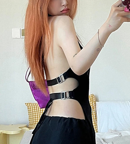 y2k Halter Top Summer Women Clothes Solid Color Sleeveless Backless Slit Hem Ribbed Vest 2000s Clothing Streetwear