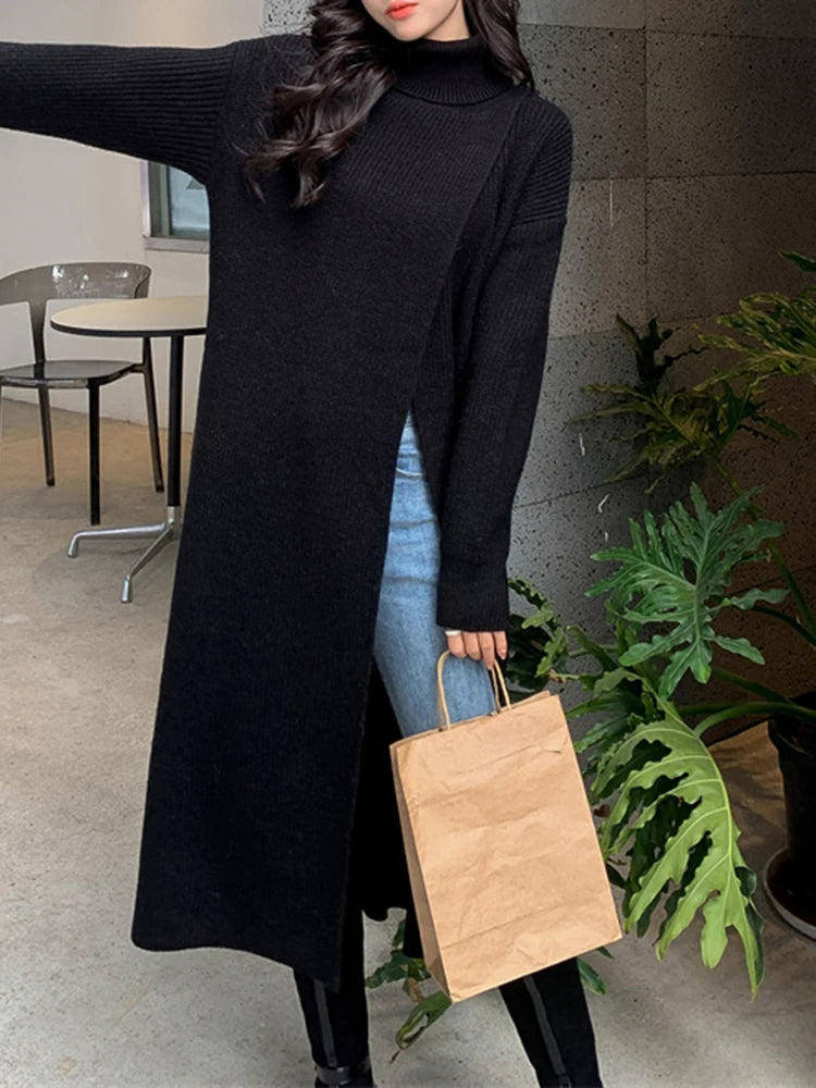 Women Orange Knitting Long Slit Big Size Dress New Turtleneck Long Sleeve Loose Fit Fashion Spring Autumn 2025 1DE5886