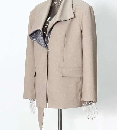 Women Khaki Sequins Spliced Irregular Big Size Blazer New Lapel Long Sleeve Jacket Fashion Tide Spring Autumn 2025 7AB8210