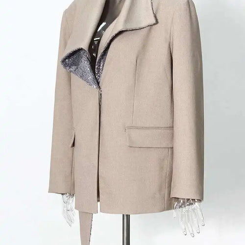 Load image into Gallery viewer, Women Khaki Sequins Spliced Irregular Big Size Blazer New Lapel Long Sleeve Jacket Fashion Tide Spring Autumn 2025 7AB8210
