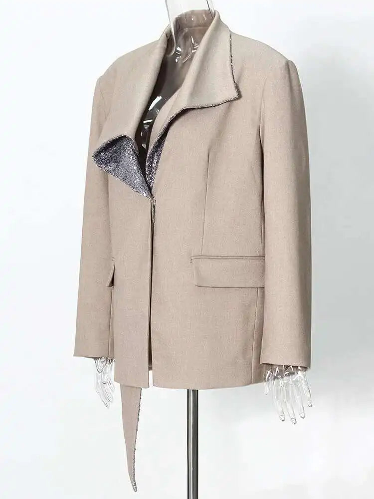 Women Khaki Sequins Spliced Irregular Big Size Blazer New Lapel Long Sleeve Jacket Fashion Tide Spring Autumn 2025 7AB8210