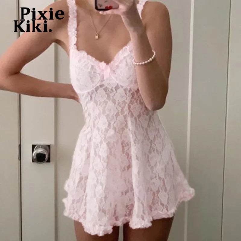 See Through Mesh Lace Dress Pink Black Y2k Aesthetic Fairy Grunge Cami Mini Dresses Sexy Summer Clubwear P77-CF31