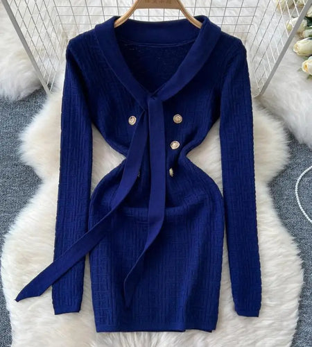 French Fashion Women Solid Elegant Button Bandage V Neck Short Dress Autumn Long Sleeves Knitted Sweater Mini Dress Trend Simple