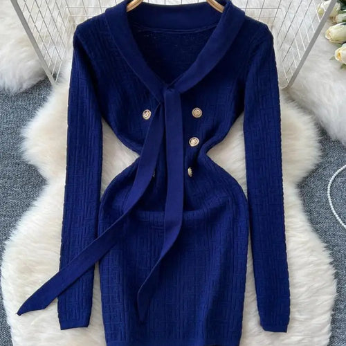 Load image into Gallery viewer, French Fashion Women Solid Elegant Button Bandage V Neck Short Dress Autumn Long Sleeves Knitted Sweater Mini Dress Trend Simple
