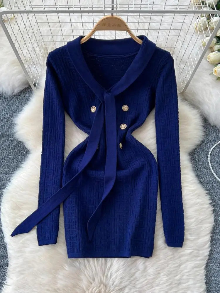 French Fashion Women Solid Elegant Button Bandage V Neck Short Dress Autumn Long Sleeves Knitted Sweater Mini Dress Trend Simple