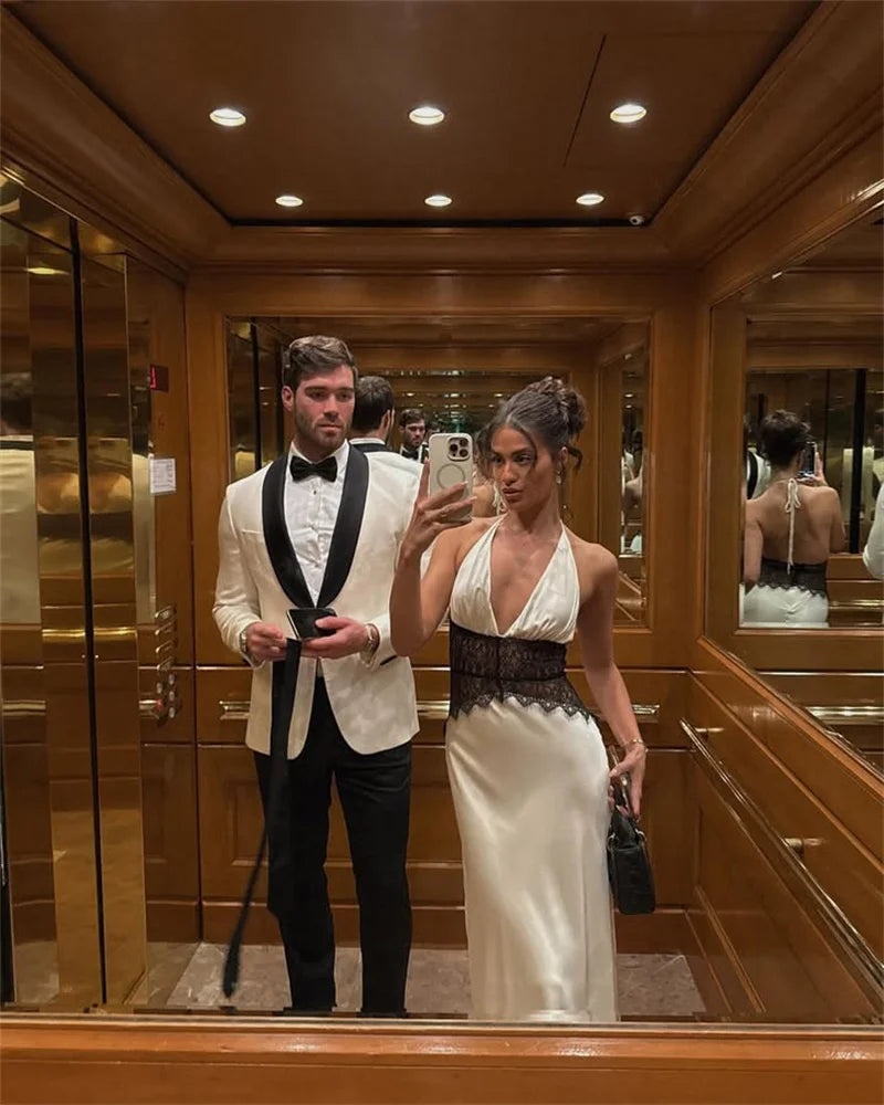 Summer Backless Sexy Maxi Dress Women Gown Patchwork Lace Halter Deep V Neck Sleeveless High Waist Elegant Long Dress