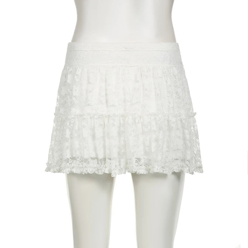 Coquette Fashion White Low Waist Lace Skirt Women Ruched Frills Hotsweet Korean Mini Skirt A-Line Folds Party Outfits