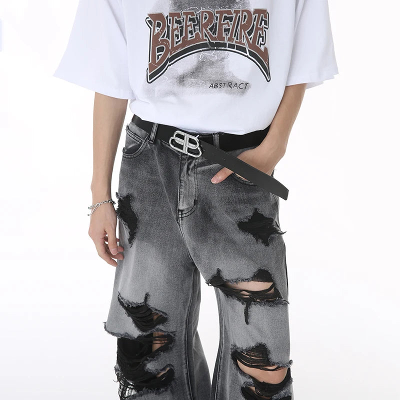 High Street Male Jeans Hole Worn-out Bagger Men's Wide Leg Denim Pants Hip Hop Summer New Fashion Men Clothing 9W194