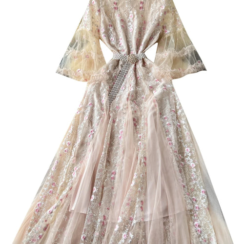 Load image into Gallery viewer, French Vintage Ladies Fashion Round Neck Pink Embroidery Floral Lace Long Dress Autumn Slim Evening Party Ruffles Princess Dress
