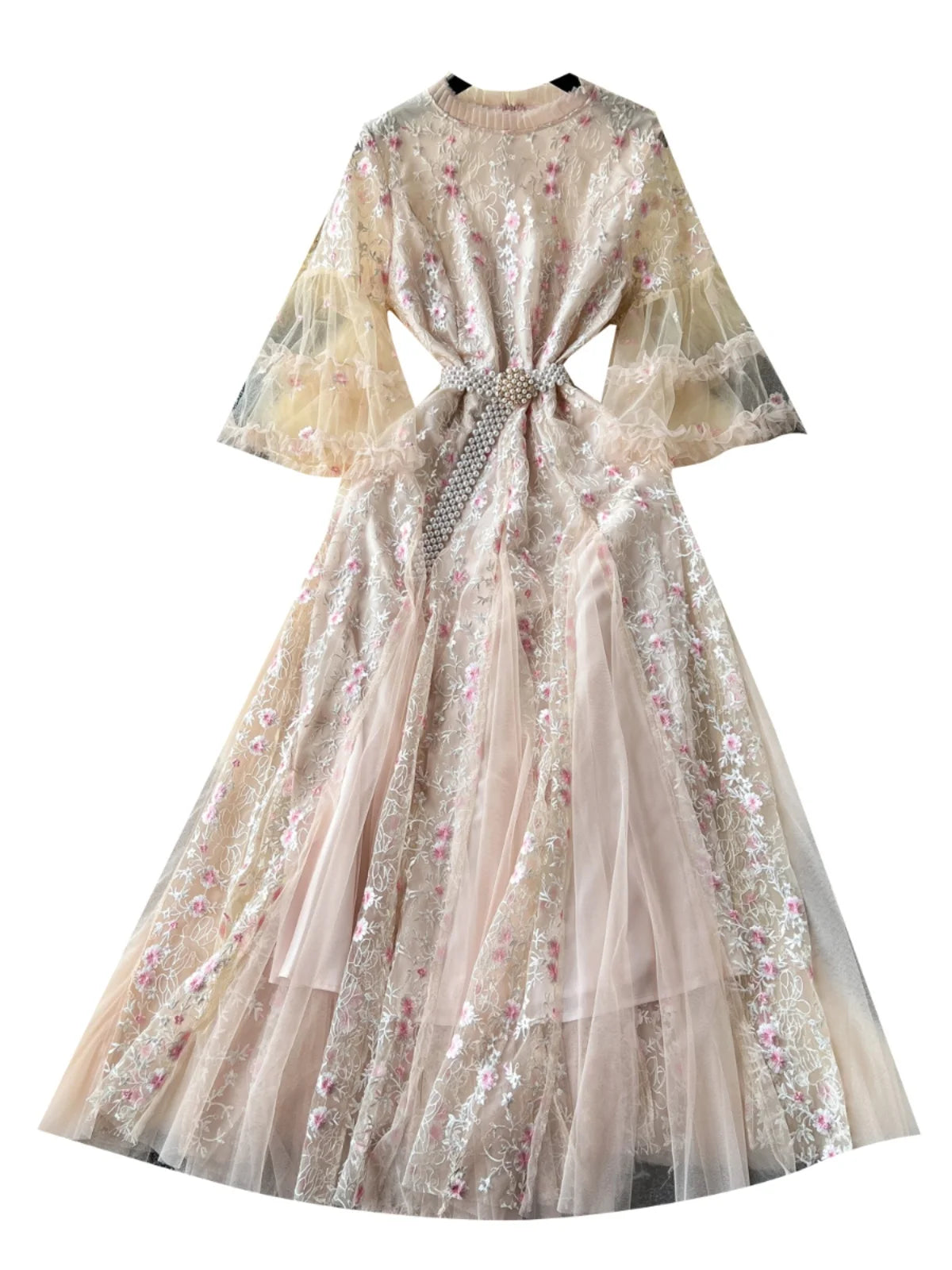 French Vintage Ladies Fashion Round Neck Pink Embroidery Floral Lace Long Dress Autumn Slim Evening Party Ruffles Princess Dress