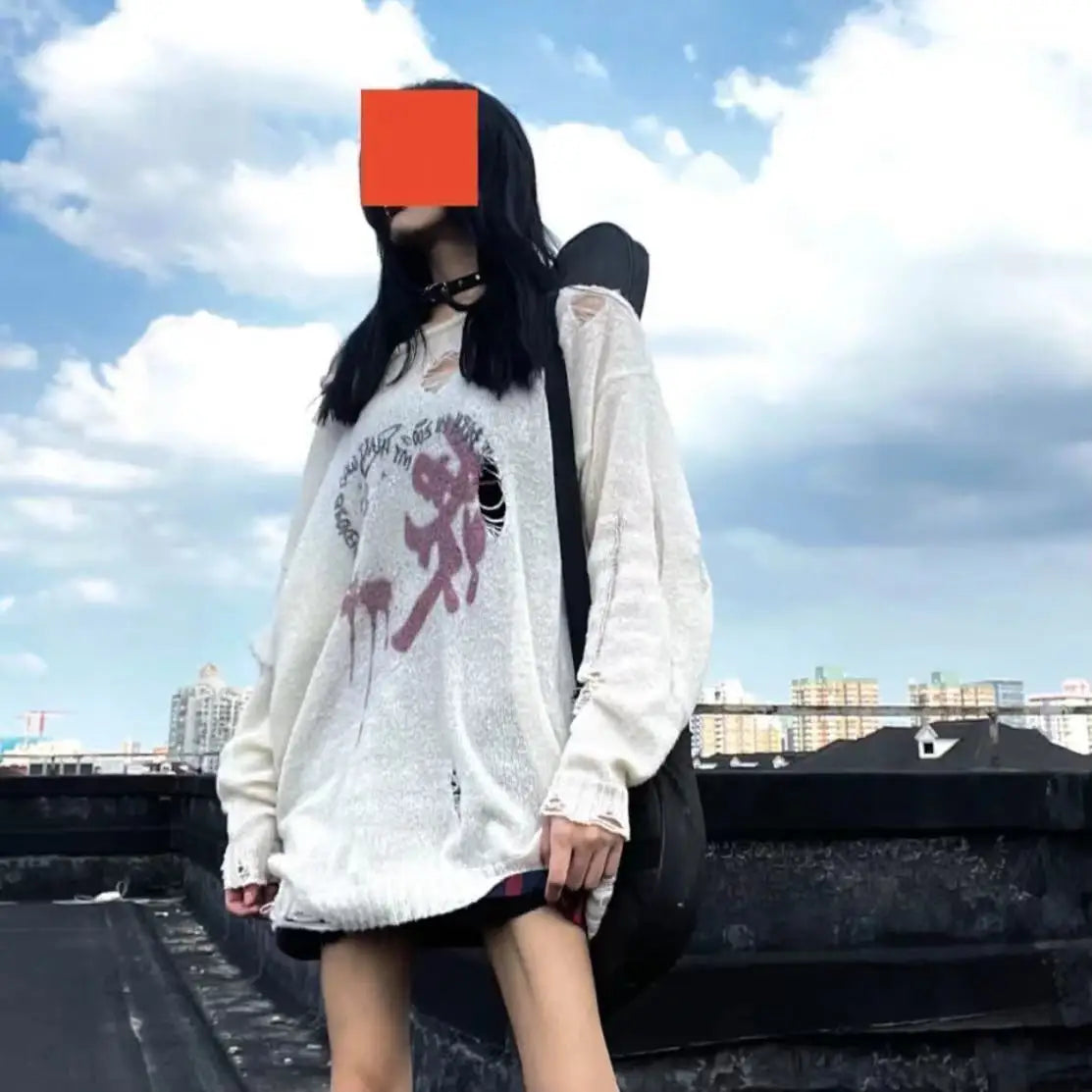 Punk Thin Ripped Hole Sweater Women Hollow Out Y2k Knitted Pullover 2025 Spring Casual Loose Tops Harajuku Print Jumper