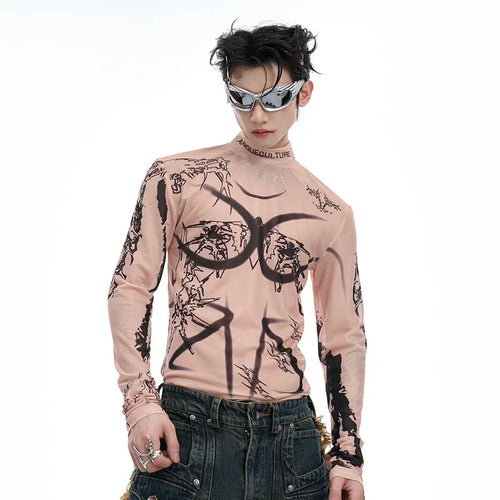 Load image into Gallery viewer, High Street Printing Long Sleeved T-shirt Long Design High Neck New Fashion Contrast Color Male Tops Undershirt 24E1283
