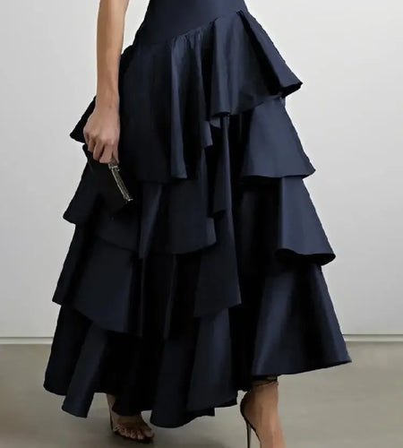 Women's Black Red Cotton Midi Skirts High Waist Multi-layered Ruffled Hem Skirt Urban Female Cocktail Party Wear Skirt