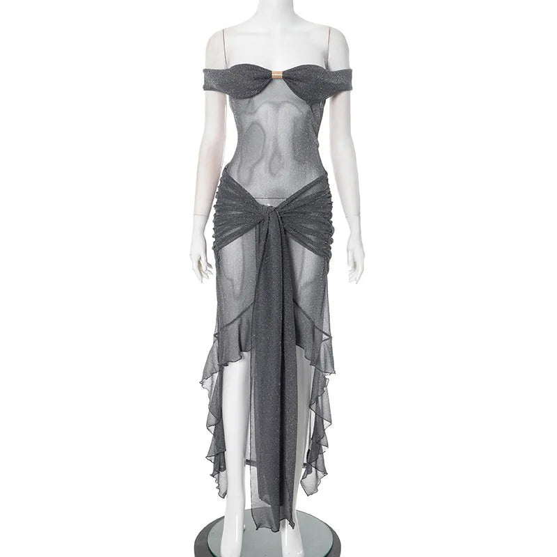 Mesh See Through Ruffled Sexy Maxi Dress For Women Gown Gray Off-shoulder Strapless Backless Ruched Long Dress Vestido