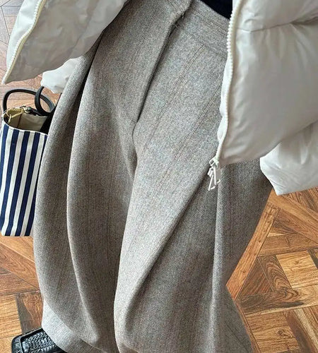 High Waist Brown Striped Pleated Long Thick Wool Wide Leg Pants New Trousers Women Fashion Tide Autumn Winer 2025 1DH7548