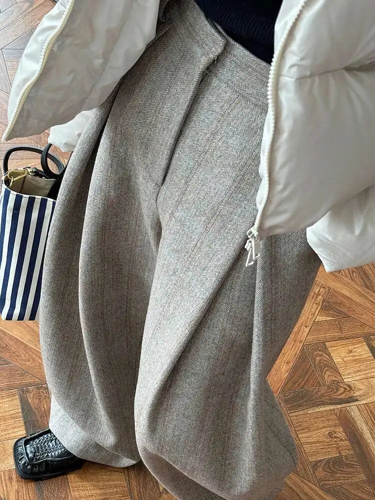 High Waist Brown Striped Pleated Long Thick Wool Wide Leg Pants New Trousers Women Fashion Tide Autumn Winer 2025 1DH7548