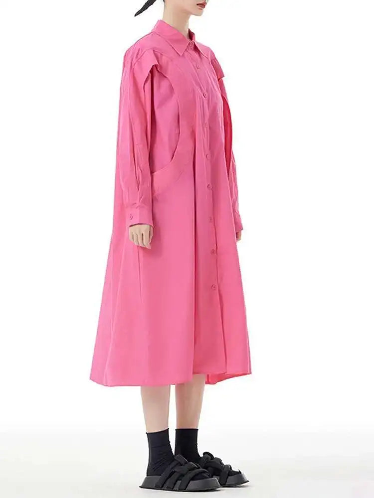 Women Green Rose Red Spliced Big Size Midi Shirt Dress New Lapel Long Sleeve Fashion Tide Spring Autumn 2025 1DH5167