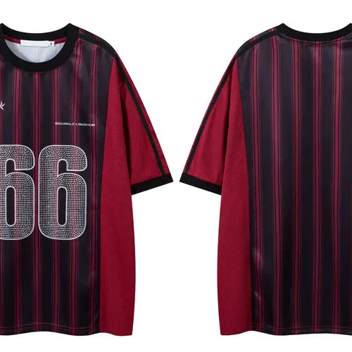 Load image into Gallery viewer, Vintage Mesh Jersey T-Shirt with Rhinestones Graphic Printed Stripe Patchwork Sport Tshirt Streetwear Hip Hop Quick Drying Top
