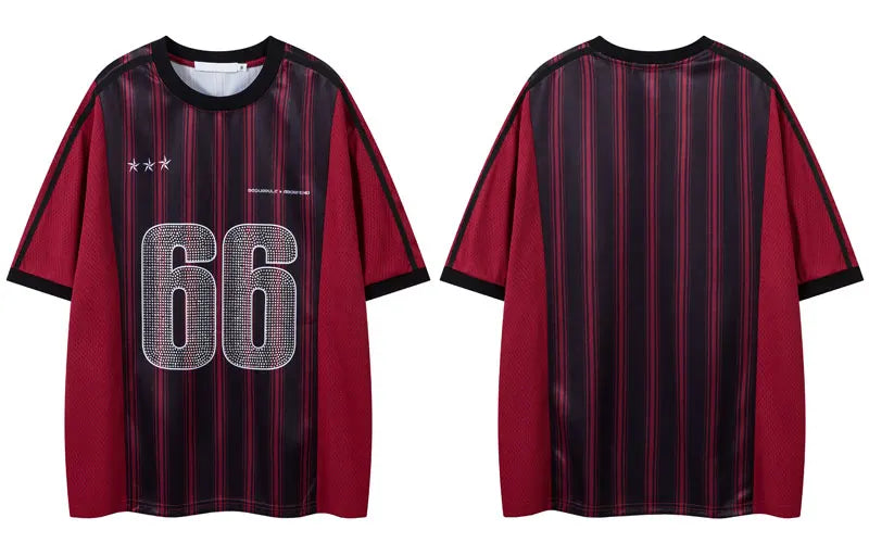 Vintage Mesh Jersey T-Shirt with Rhinestones Graphic Printed Stripe Patchwork Sport Tshirt Streetwear Hip Hop Quick Drying Top