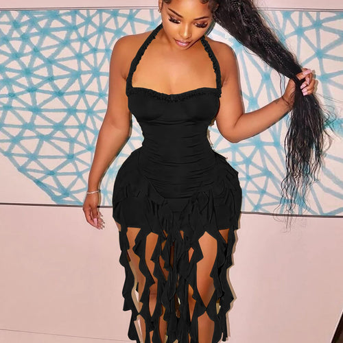 Load image into Gallery viewer, Fashion Halter Solid Backless Tassel Ruffles Sexy Slim Midi Dress Summer Women Elegant Clothes Birthday Festival
