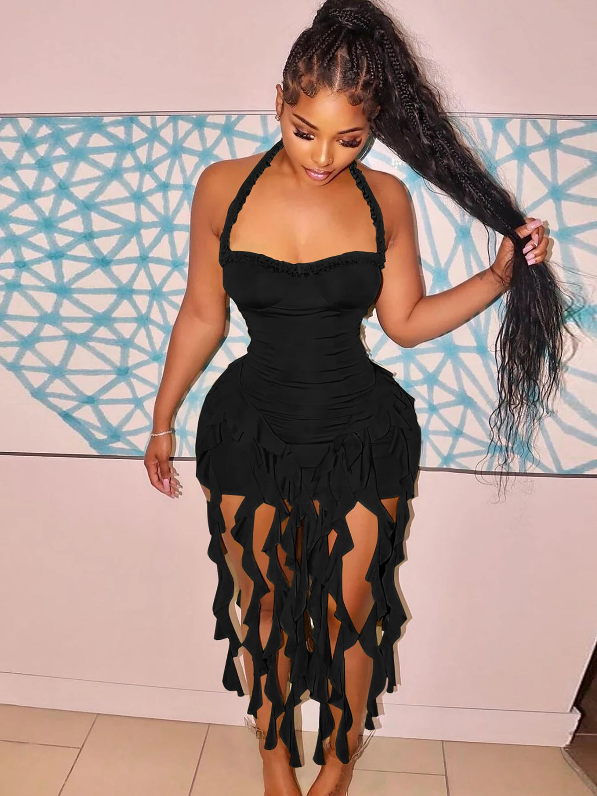 Fashion Halter Solid Backless Tassel Ruffles Sexy Slim Midi Dress Summer Women Elegant Clothes Birthday Festival