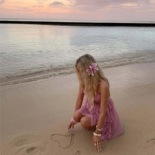 Load image into Gallery viewer, Rose Halter Backless Sexy Mini Dress Women Pink Off-shoulder Strapless Sleeveless High Waist Club Party Beach Dress
