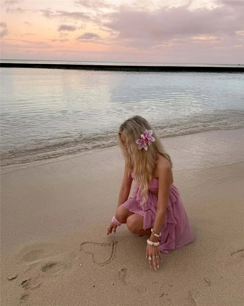 Rose Halter Backless Sexy Mini Dress Women Pink Off-shoulder Strapless Sleeveless High Waist Club Party Beach Dress