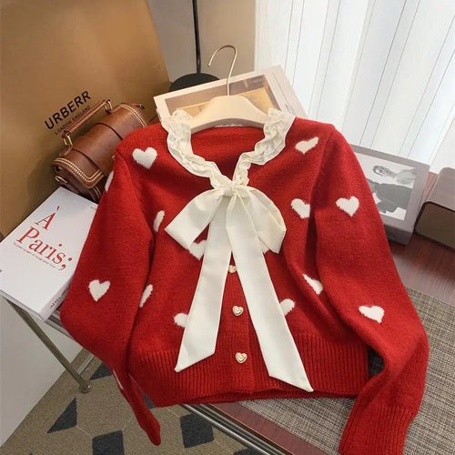Load image into Gallery viewer, Winter Sweet Patchwork Heart Embroidery Knitting Sweaters Women Long Sleeved Bow Ruffles V-neck 2024 New Fashion Cardigan Tops
