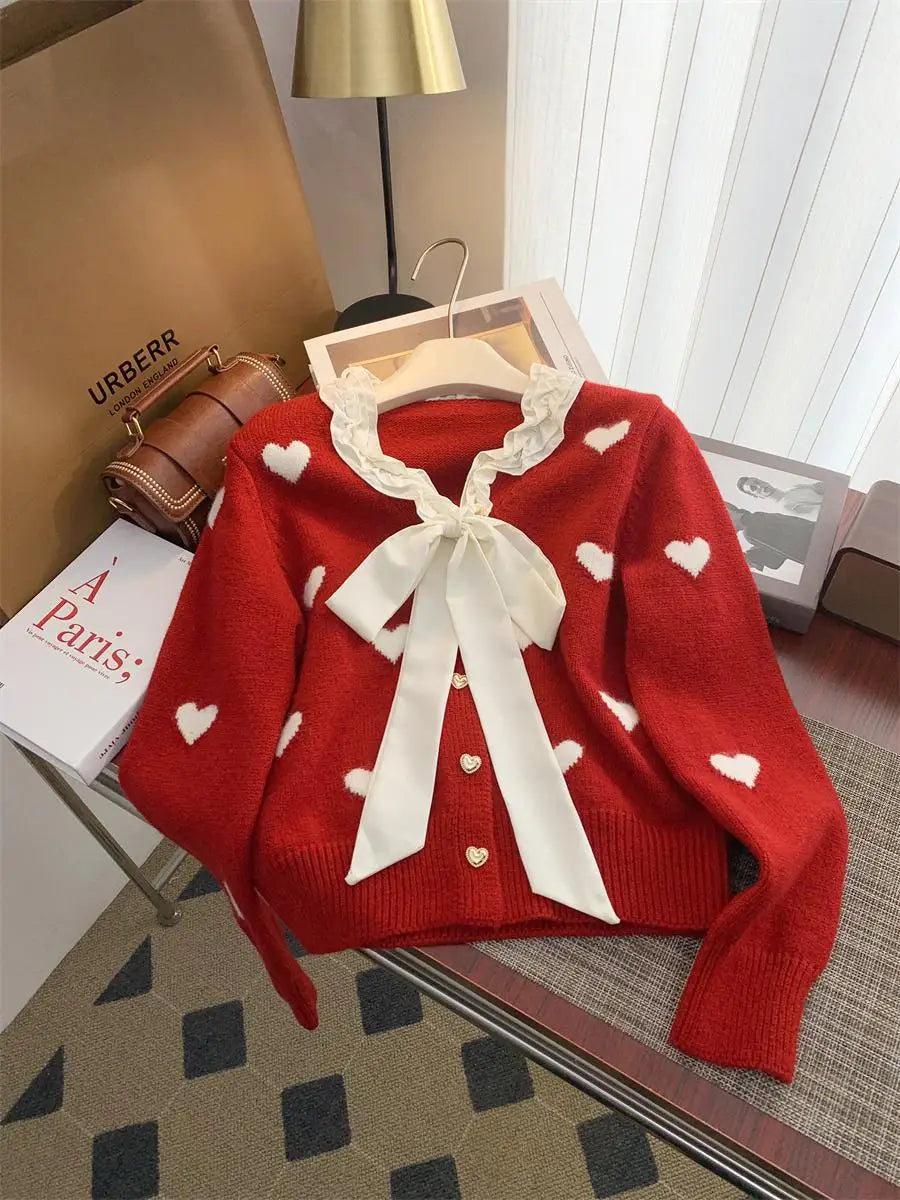 Winter Sweet Patchwork Heart Embroidery Knitting Sweaters Women Long Sleeved Bow Ruffles V-neck 2024 New Fashion Cardigan Tops