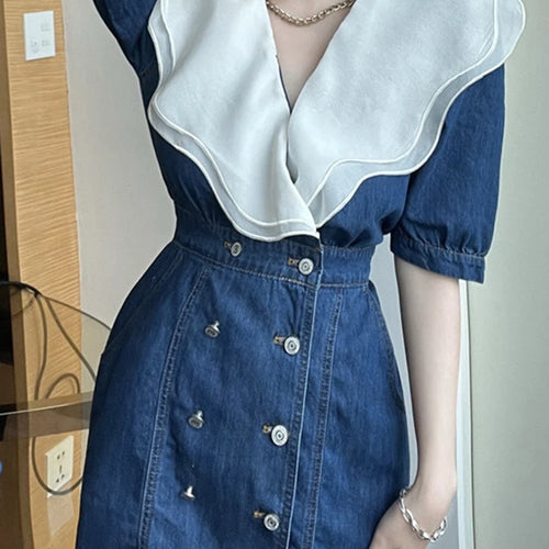 Load image into Gallery viewer, Spell Color Ruffles Denim Female Dresses Summer Double Breasted V-neck Short Sleeve Fashion Elegant Streetwear Outfits
